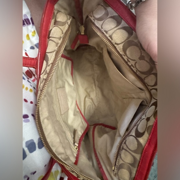 Coach 23465 Signature Canvas Weekend Zip Top Tote Bag Purse Handbag Red Khaki - Picture 13 of 16